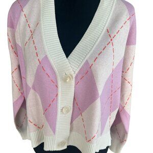 Isaac Mizrahi XSmall Pink & Cream Argyle Button Cardigan